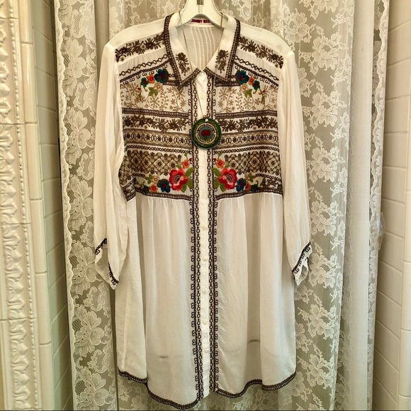 JOHNNY WAS * NWOT Sheer Embroidered Button Front Collared Top - Picture 2 of 4